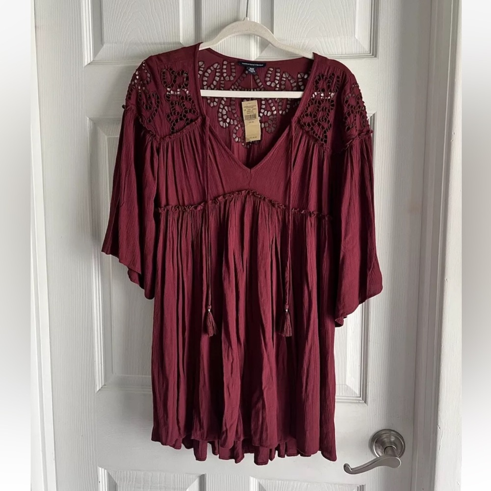XS American Eagle Burgundy Boho Dress Tunic Lace 1/2 Sleeve Flutter Sundress